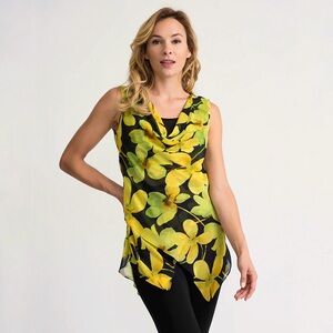 Joseph Ribkoff Black/Yellow Tunic Style Top Asymmetric Semi Sheer Lined Size 8